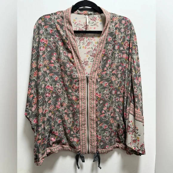 Free People Winlflowers Printed Cinched Kimono Zip Up Jacket Art XS/S Oversized - Picture 1 of 8